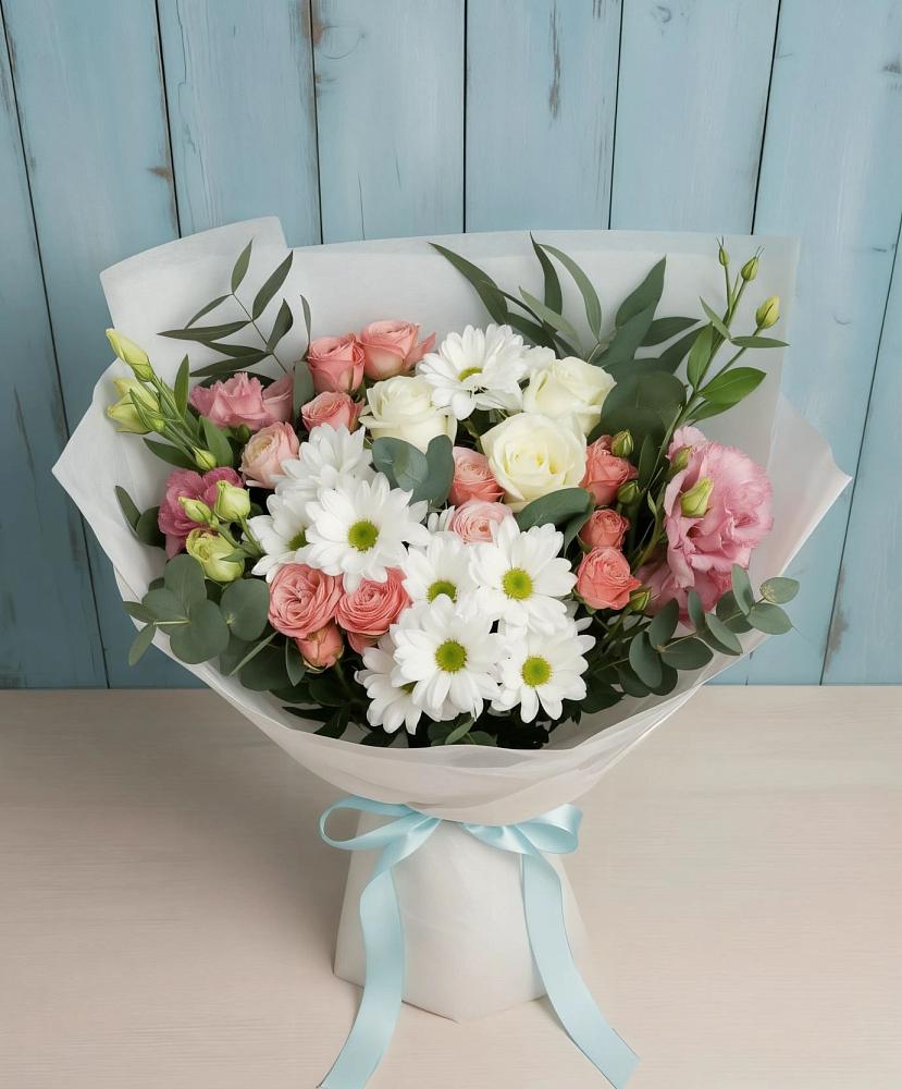 Букет цветов из: Розы, Лизиантусы и Хризантемы в Жирекене