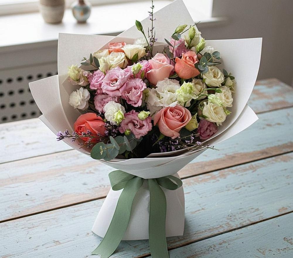 Букет цветов из: Розы, Лизиантусы и Гвоздики в Жирекене