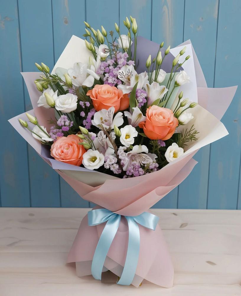 Букет цветов из: Лизиантусы, Розы, Альстромерии и Гипсофила в Жирекене